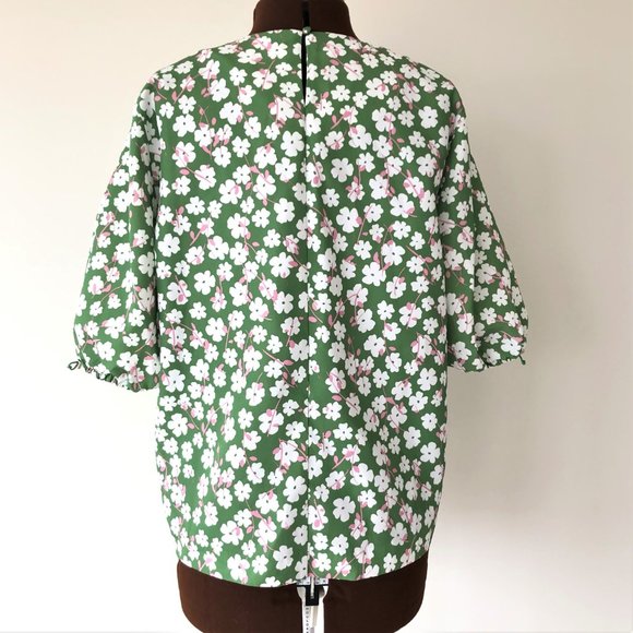 Green and Pink Floral Top with Elbow Puff Sleeves - Picture 6 of 8